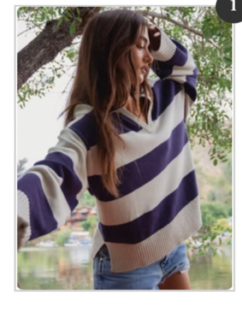 Rumored Navy & Cream Striped V-Neck Rugby Sweater